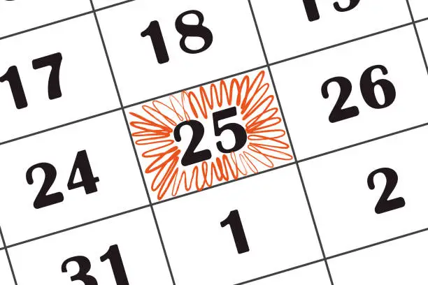 Vector illustration of The date in the calendar 21 is highlighted with a red pencil. Save the date written on the calendar