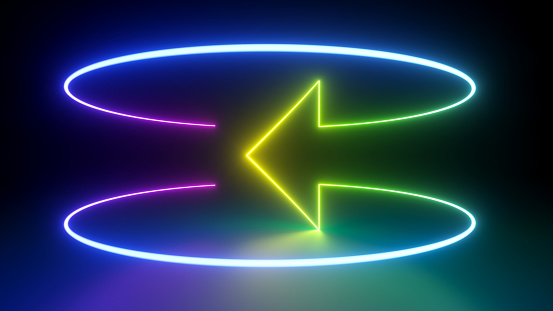 3d render, abstract violet green neon background. Colorful arrow turning around, glowing in the dark. Full cycle concept