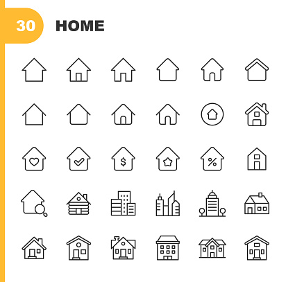 30 Home and Building Outline Icons. Agent, Apartment, Architecture, Bank, Building, Business, Chimney, City, Construction, Countryside, Credit, Design, Door, Environment, Family, Fence, Finance, Global Business, Government, Home, Hotel, House, Hut, Investment, Landscape, Loan, Money, Mortgage, Neighbor, Neighborhood, Office, Politics, Real Estate, Relationship, Rent, Roof, Sale, Savings, Skyscraper, Stay at Home, Town, Travel, Village, Warehouse, Window, Workplace.