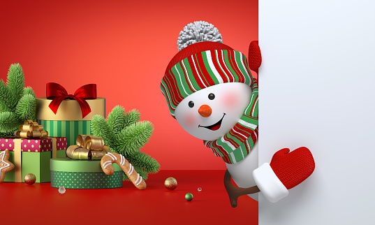3d render. Funny snowman toy looks out the corner, holds white page, festive ornaments and gift boxes over the red background. Christmas banner