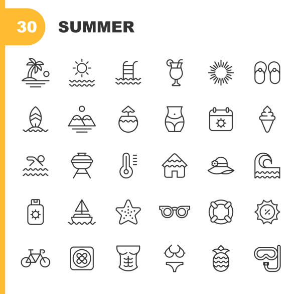 여름 라인 아이콘. 편집 가능한 스트로크. 픽셀 완벽한. 모바일 및 웹용. 복근, 해변, 자전거, 크루즈, 할인, 다이빙, 음료, 그릴, 모자, 아이스크림, 섬, 라이프 부표, 캠핑카, 팜 트리, 배, 불가사� - swimming pool party summer beach ball stock illustrations