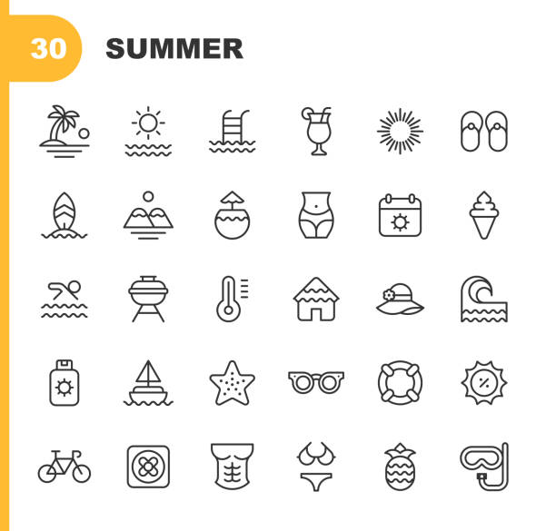 ilustrações de stock, clip art, desenhos animados e ícones de summer line icons. editable stroke. pixel perfect. for mobile and web. contains such icons as abs, beach, bike, cruise, discount, diving, drink, grill, hat, ice cream, island, lifebuoy, motorhome, palm tree, ship, starfish, surfing, tropical. - swimming pool party summer beach ball