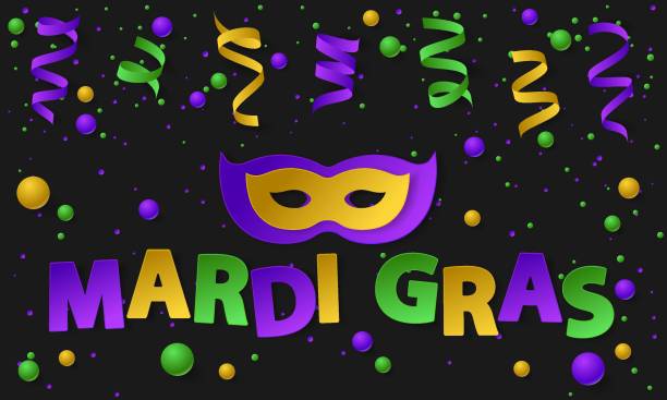 istock Poster with green, yellow and violet dust, confetti, balls and serpentine, ribbon. Vector illustration. Paper mask and lettering Mardi Gras on black backgound. Elements for banner, holiday, party. 1629947796