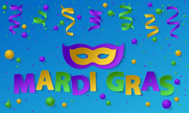 istock Poster with green, yellow and violet dust, confetti, balls and serpentine, ribbon. Vector illustration. Paper mask and lettering Mardi Gras on blue backgound. Elements for banner, holiday, party. 1629947814