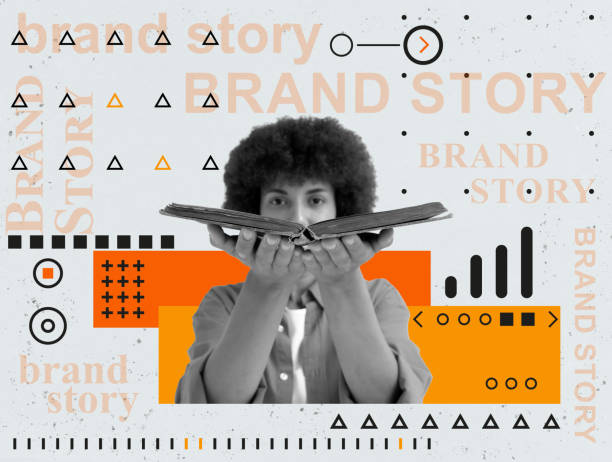 Collage about brand story. Young woman holding an open book. stock photo
