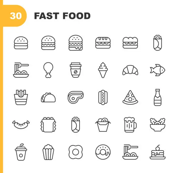 Vector illustration of Fast Food Line Icons. Editable Stroke. Contains such icons as Breakfast, Cake, Cheeseburger, Chicken, Croissant, Dessert, Drink, Food Delivery, Fries, Hamburger, Hot Dog, Ice Cream, Pasta, Pizza, Popcorn, Sandwich, Sausage, Soda, Steak, Taco, Takeout.