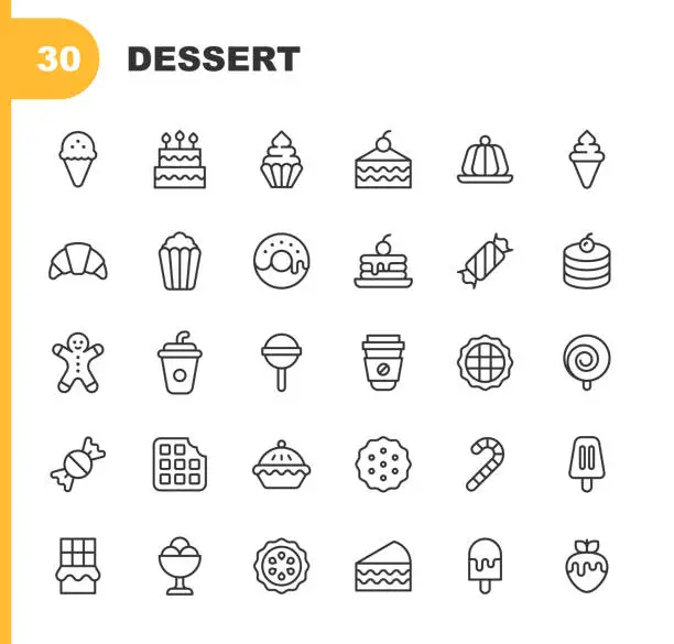 Vector illustration of Dessert Line Icons. Editable Stroke. Contains such icons as Apple Pie, Baking, Birthday, Biscuit, Brownie, Cake, Candy, Cookie, Cooking, Croissant, Dessert, Doughnut, Food, Ice Cream, Lollipop, Pie, Popcorn, Restaurant, Sugar, Waffle Chocolate.