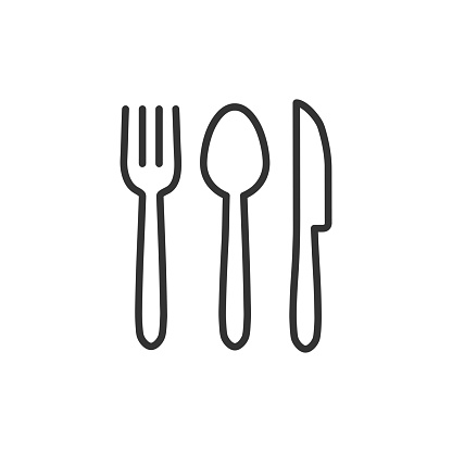 Utensils cutlery - fork, spoon, knife - line icons with editable stroke. Outline symbols. Vector illustration isolated on white background.