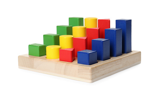 Wooden sorter with colorful geometric figures isolated on white. Children's toy
