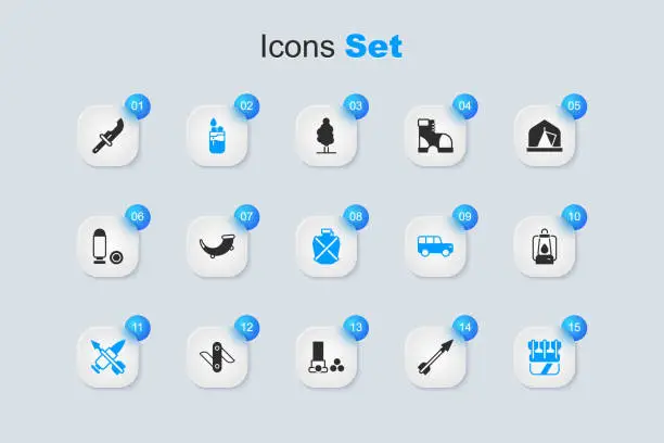 Vector illustration of Set Medieval arrow, Hunting horn, Lighter, Crossed bullet with, Quiver arrows, Camping lantern, Hunter knife and Canteen water bottle icon. Vector