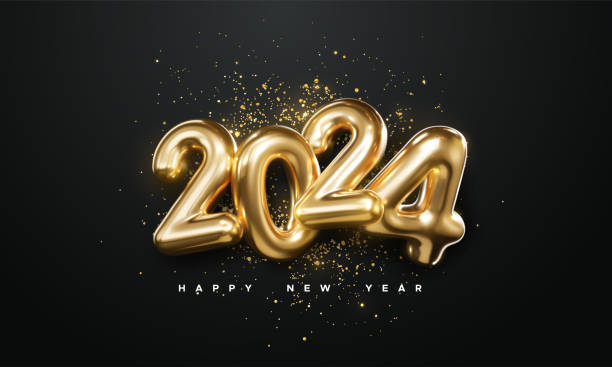istock Realistic 2024 golden numbers and festive confetti on black background. Vector holiday illustration. Happy New 2024 Year. New year ornament. Decoration element with tinsel 1629998264
