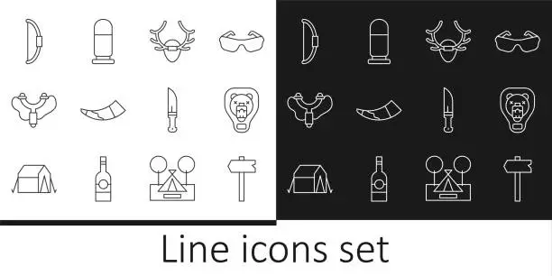 Vector illustration of Set line Road traffic sign, Bear head on shield, Deer antlers, Hunting horn, Slingshot, Bow, Hunter knife and Bullet icon. Vector