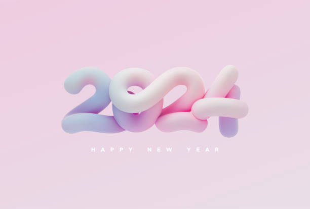 Happy New 2024 Year. Vector holiday illustration. 3d lettering of 2024 inflate numbers. Abstract iridescent pastel element for New Year or Christmas party banner design.