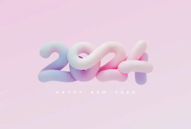 Vector illustration of Happy New 2024 Year. Vector holiday illustration. 3d lettering of 2024 inflate numbers. Abstract iridescent pastel element for New Year or Christmas party banner design.