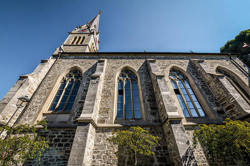 Majestic Windows Seen In Low Angle View Of St. Florin Cathedral In Vaduz, Liechtenstein