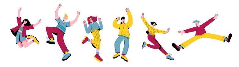 Happy people jumping set. Joyful young men and women, smiling students celebrating, jumping and dancing. Vector illustration