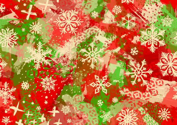 Vector illustration of Seamless red and green Christmas grunge winter snowflake pattern