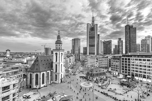 Frankfurt Germany - April 3, 2014:  view to skyline with Hauptwache in Frankfurt, Germany. The Hauptwache is a central point and one of the most famous places in Frankfurt.