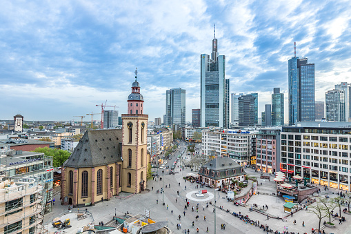Frankfurt Germany - April 3, 2014:  view to skyline with Hauptwache in Frankfurt, Germany. The Hauptwache is a central point and one of the most famous places in Frankfurt.