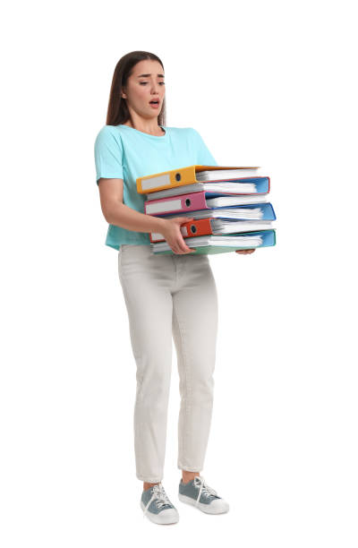 istock Stressful woman with folders on white background 1630042721