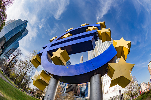 Frankfurt, Germany - March 29, 2014: Euro Sign. European Central Bank (ECB) is the central bank for the euro and administers the monetary policy of the Eurozone in Frankfurt, Germany.