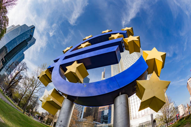 Euro Sign. European Central Bank (ECB) is the central bank for the euro and administers the monetary policy of the Eurozone in Frankfurt, Germany stock photo