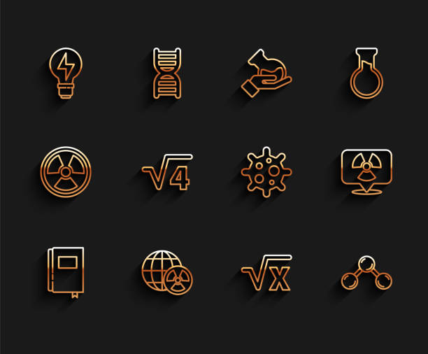 istock Set line Book, Planet earth and radiation, Light bulb with lightning, Square root of x glyph, Molecule, 4, Radioactive location and Virus icon. Vector 1630044349