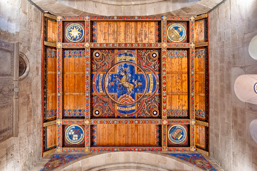 Decorated wooden ceiling in the nave of the neo-Romanesque 