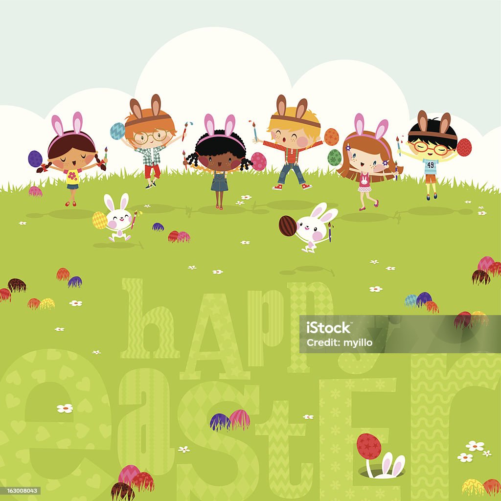 Glückliche Kinder mit Ostern Eier play bunny niedlichen Illustrationen, vector myillo - Lizenzfrei Ostern Vektorgrafik