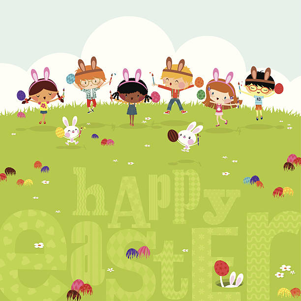 Crianças felizes ovos de Páscoa jogar bunny linda ilustração vetor myillo - ilustração de arte em vetor