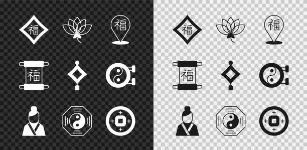 Vector illustration of Set Chinese New Year, Lotus flower, Asian woman, Yin Yang symbol, Yuan currency, and paper lantern icon. Vector