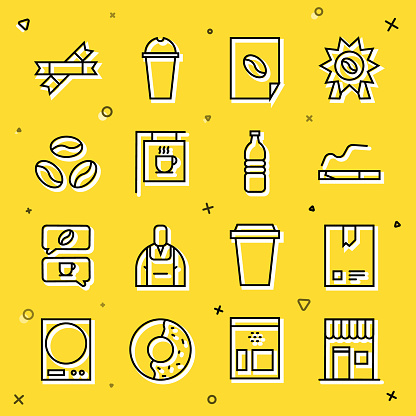 Set line Coffee shop Bag coffee beans Cigarette poster Street signboard Sugar stick packets and Bottle water icon. Vector.