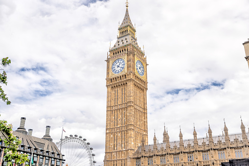 London, England - July 11, 2023: Architectural details of the exterior of the Parliament Buildings and Big Ben in London