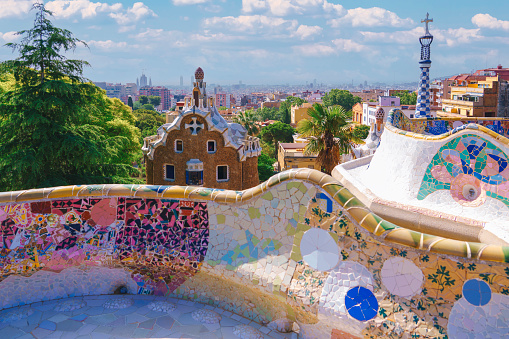 Serpentine bench of Parc Guell in Barcelona Spain