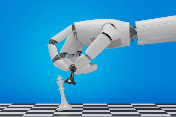 istock Robotic hand playing chess isolated on blue background. 3d illustration. 1630099352