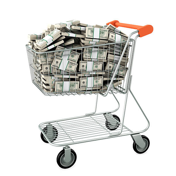 ショッピングカートには、多くのドルです。 - three dimensional shape paper currency wealth shopping cart ストックフォトと画像