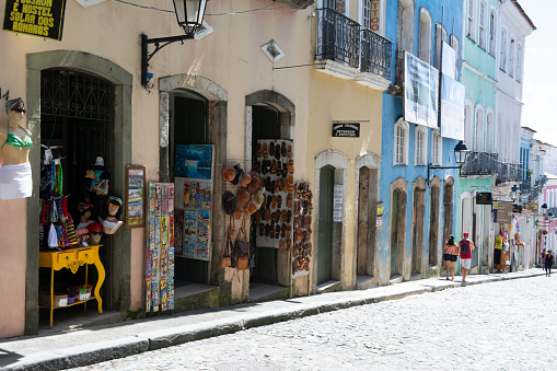 Salvador, Bahia, Brazil - August 19, 2023: view of a souvenir shop in Pelourinho, historic center of the city of Salvador, Bahia.