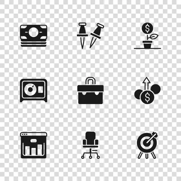 Vector illustration of Set Office chair, Financial growth dollar, Target financial goal, Briefcase, Dollar plant, Stacks paper money cash, Push pin and Safe icon. Vector