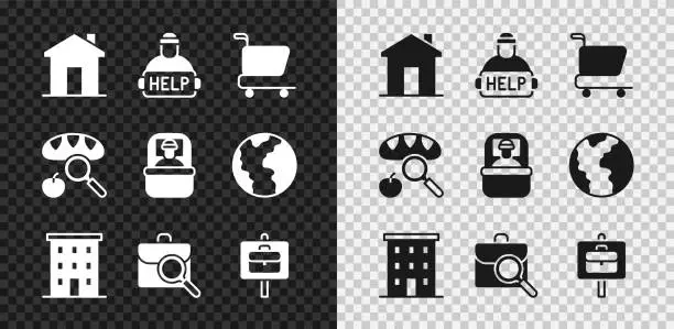 Vector illustration of Set Real estate, Help homeless, Shopping cart, Multi storey building, Work search, Searching for food and Sleeping bag icon. Vector