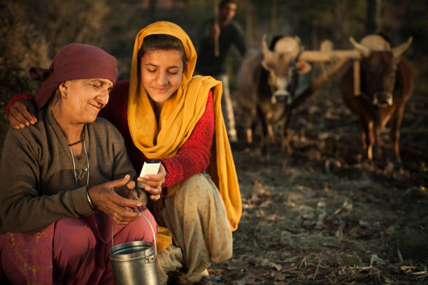 gens de l'inde rurale: paysanne famille à l'aide d'un téléphone mobile - casual granddaughter farmer expressing positivity photos et images de collection