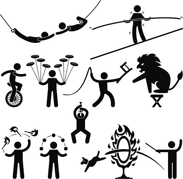 ilustraciones, imágenes clip art, dibujos animados e iconos de stock de artistas acróbata de circo pictograma - juggling silhouette performer performance