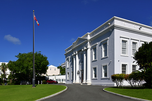 Hamilton, Bermuda: Cabinet Building & Bermuda Senate - The Cabinet Office houses the Office of the Prime Minister (Premier) of Bermuda, who is appointed by the Governor and is an elected Member of the House of Assembly who is the leader of Bermuda’s elected Government. The Senate of Bermuda convenes on this building on Wednesdays -  Built by the Royal Engineers  and opened in 1884 - Front Street.