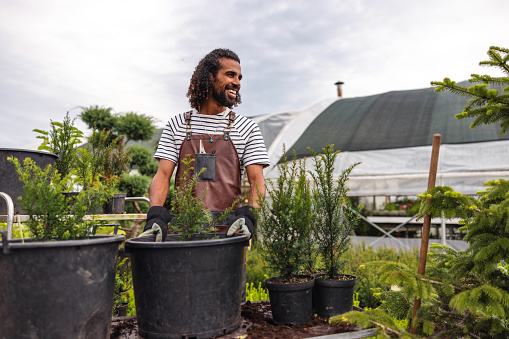 A Middle Eastern male gardener smiling while looking away from the camera. He is working outdoors and is wearing an apron. In front of him, there are some plants and flowers that had been reported.  The weather is warm and pleasant.