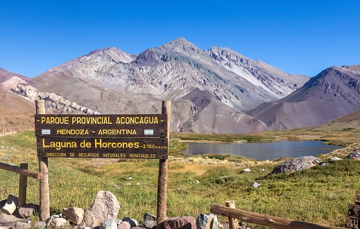 Mount Aconcagua Provinical Park.  Scenic Argentina Andes Mountain Range Landscape, Blue Skyline