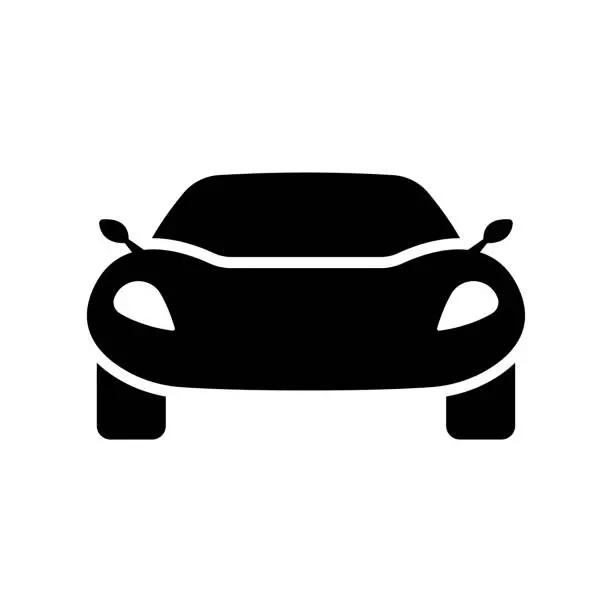 Vector illustration of Sports racing car icon. Black silhouette. Front view. Vector simple flat graphic illustration. Isolated object on a white background. Isolate.