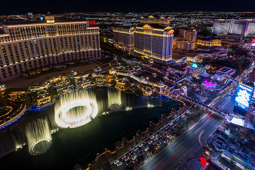 Las Vegas, Nevada, USA - August 17th, 2023: Wide view at the Bellagio fountains and The Strip illuminated at night