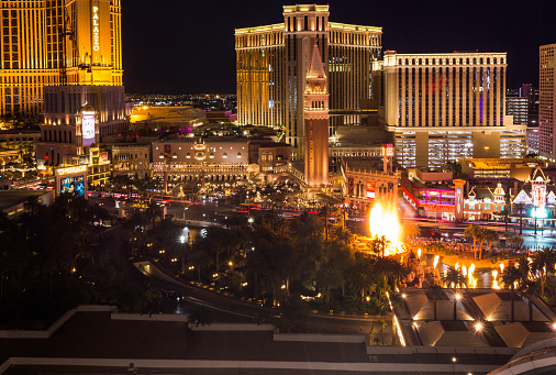Las Vegas, NV, USA - August 15th, 2023: Popular Volcano show in The Mirage pool, view from above