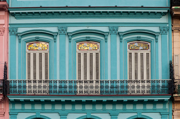 Blue facade of colonial building stock photo