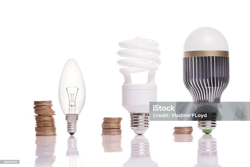 different types of light bulbs money spent on different types of light bulbs Balance Stock Photo