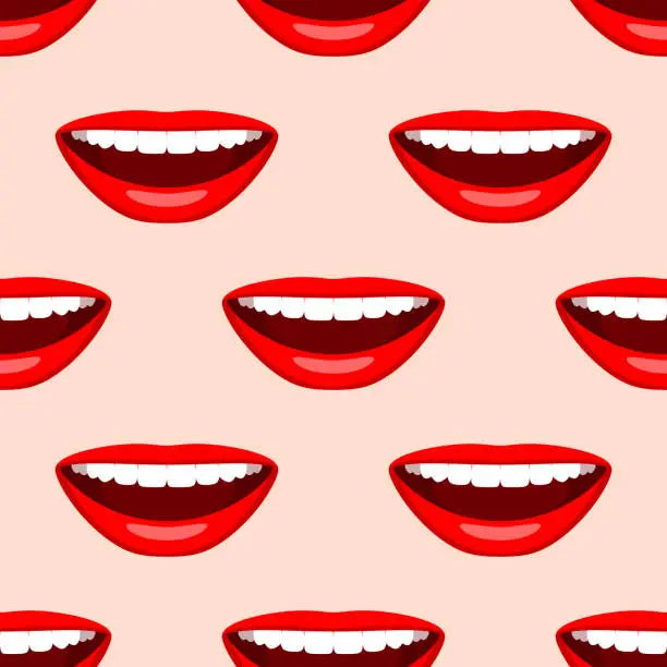 Vector illustration of Seamless pattern with lips colored with red lipstick, smiling mouth
